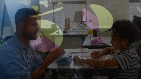animación de la interfaz infográfica sobre diversos maestros masculinos tomando el dictado de un niño en el aula