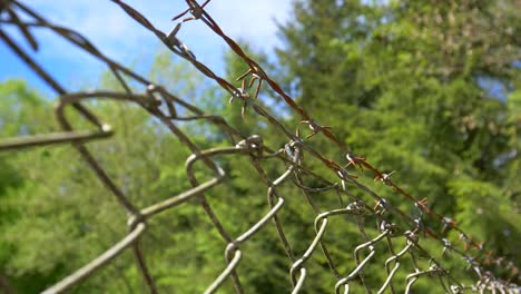 Close-up-trucking-shot-of-rusty-fence-with-Razor-Wire-at-locked-region-in-nature
