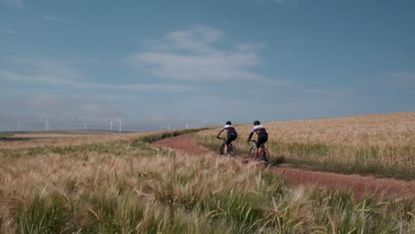 cyclists on a dirt road riding past fields of grain with wind turbines in the distance on a beautiful sunny day