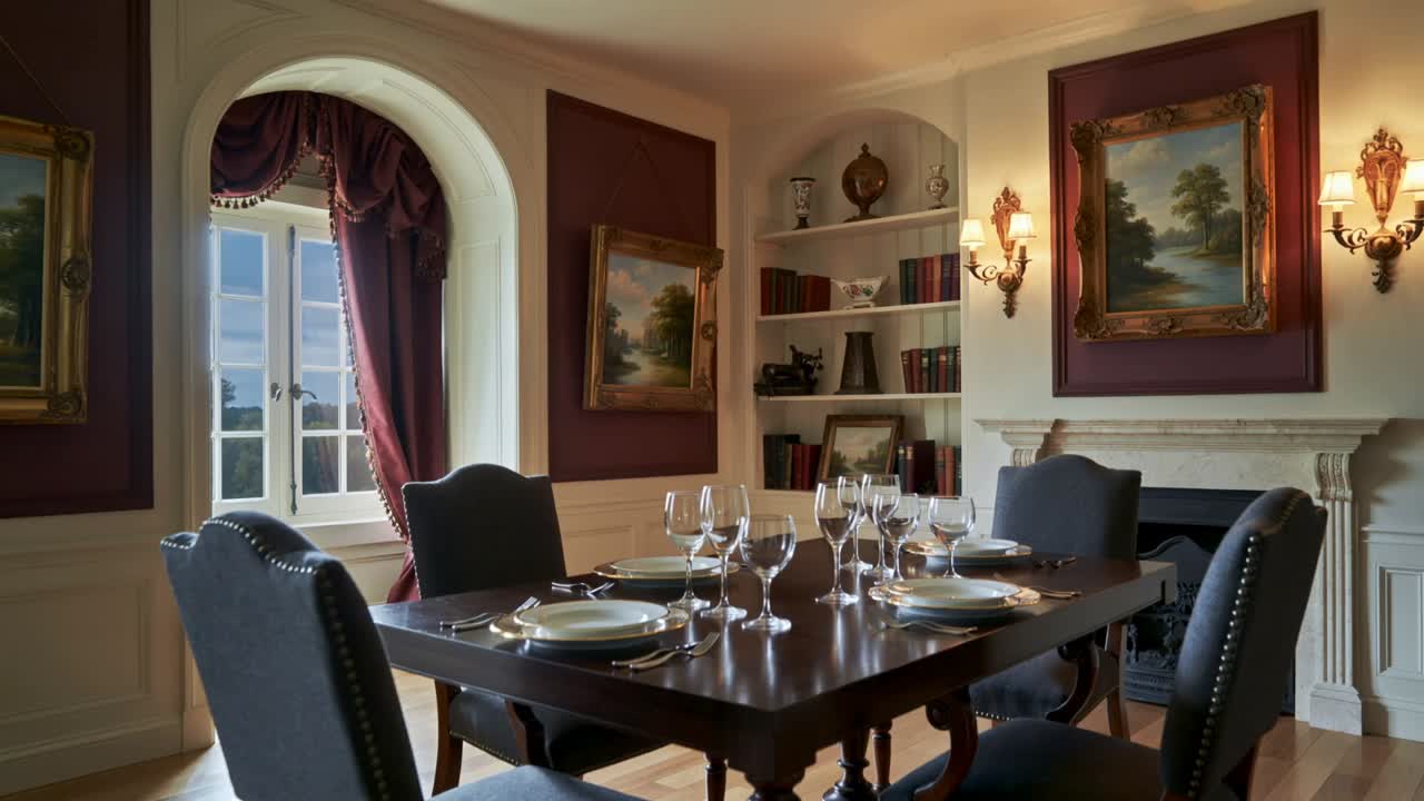 Panning camera revealing dark wood table set for six in home dining room, showcasing wine glasses