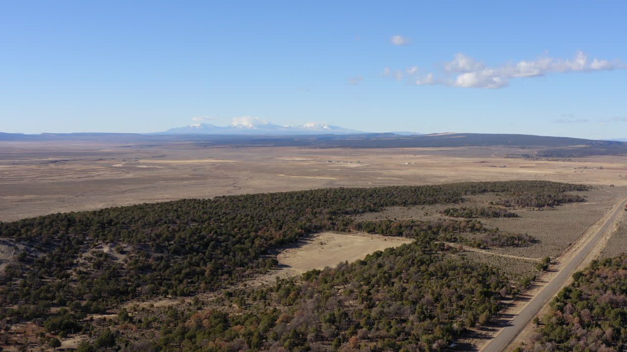 Vista aérea de una carretera en Norwood, Colorado, rodeada de árboles verdes.