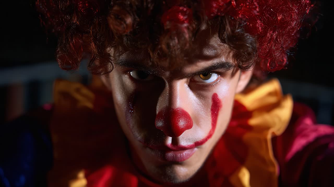 Un sinistro ritratto di un clown catturato in due inquadrature, che mostra un'espressione intensa e colori vividi, in modo inquietante ma mantenendo una composizione accattivante