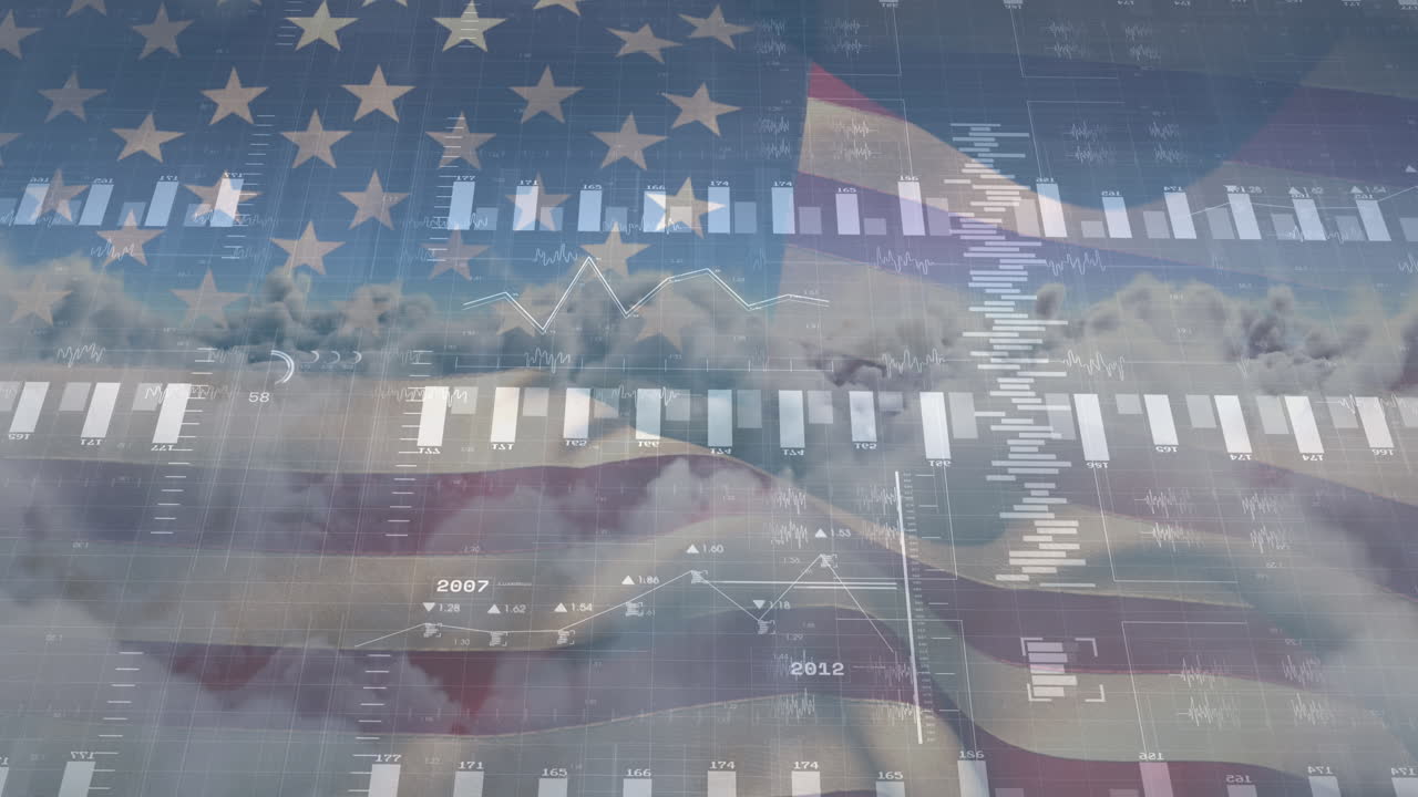 animación del procesamiento de datos sobre nubes y bandera de américa
