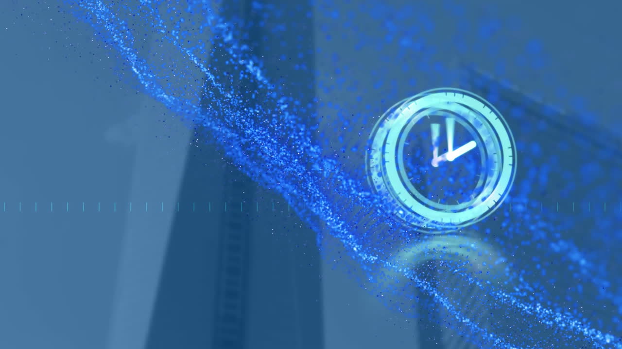 파란색 배경에 시계와 사무실 건물 위의 파란색 빛 트레일의 애니메이션