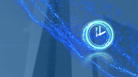 animation of blue light trails over clock and office buildings on blue background