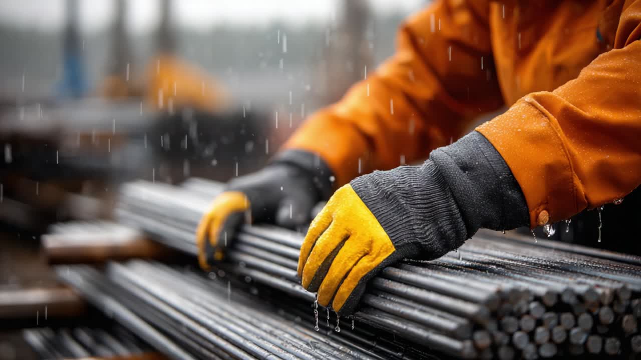 Worker Handling Steel Rods in Rainy Weather, Showcasing Industrial Environment and the Challenges of Outdoor Construction Work