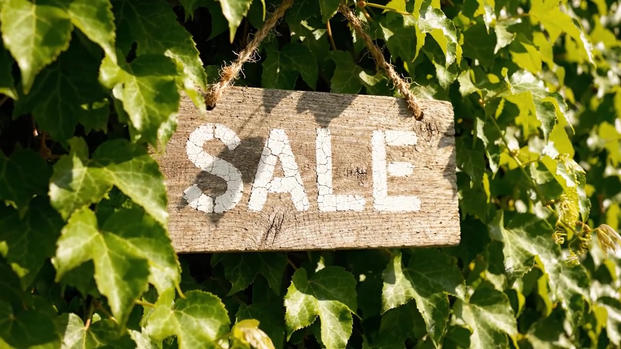 Un Cartello di Vendita Rustico in Legno Appeso tra Edera Verde Rigogliosa, che Indica Offerte e Sconti Eccezionali in un Ambiente Naturale