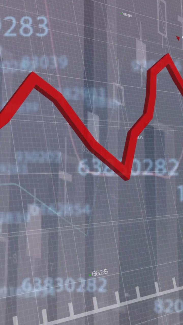 Animation of red line and digital data processing over grey background