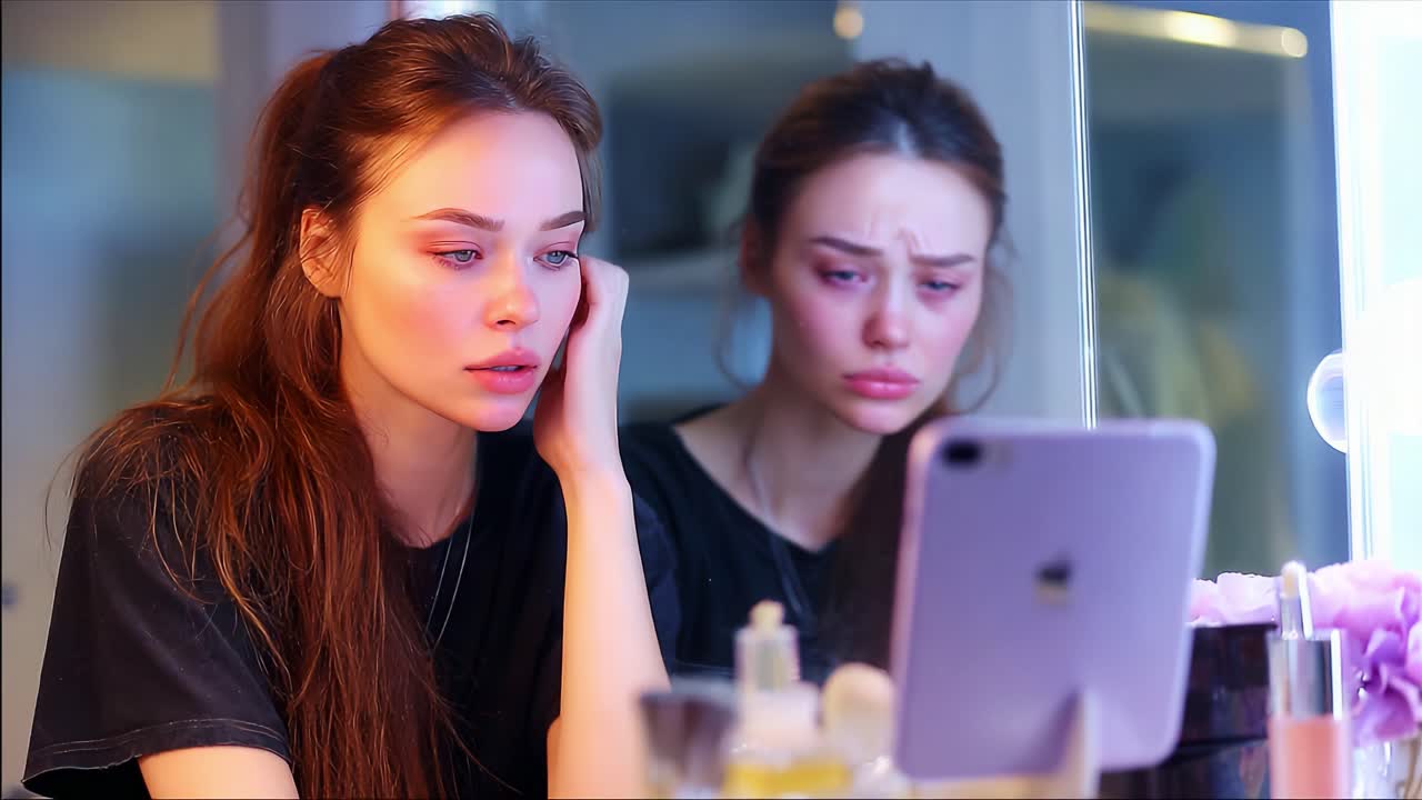 A Thoughtful Reflection: Capturing the Emotional Moment of a Young Woman As She Contemplates Her Thoughts While Looking in the Mirror, with a Phone in Front of Her