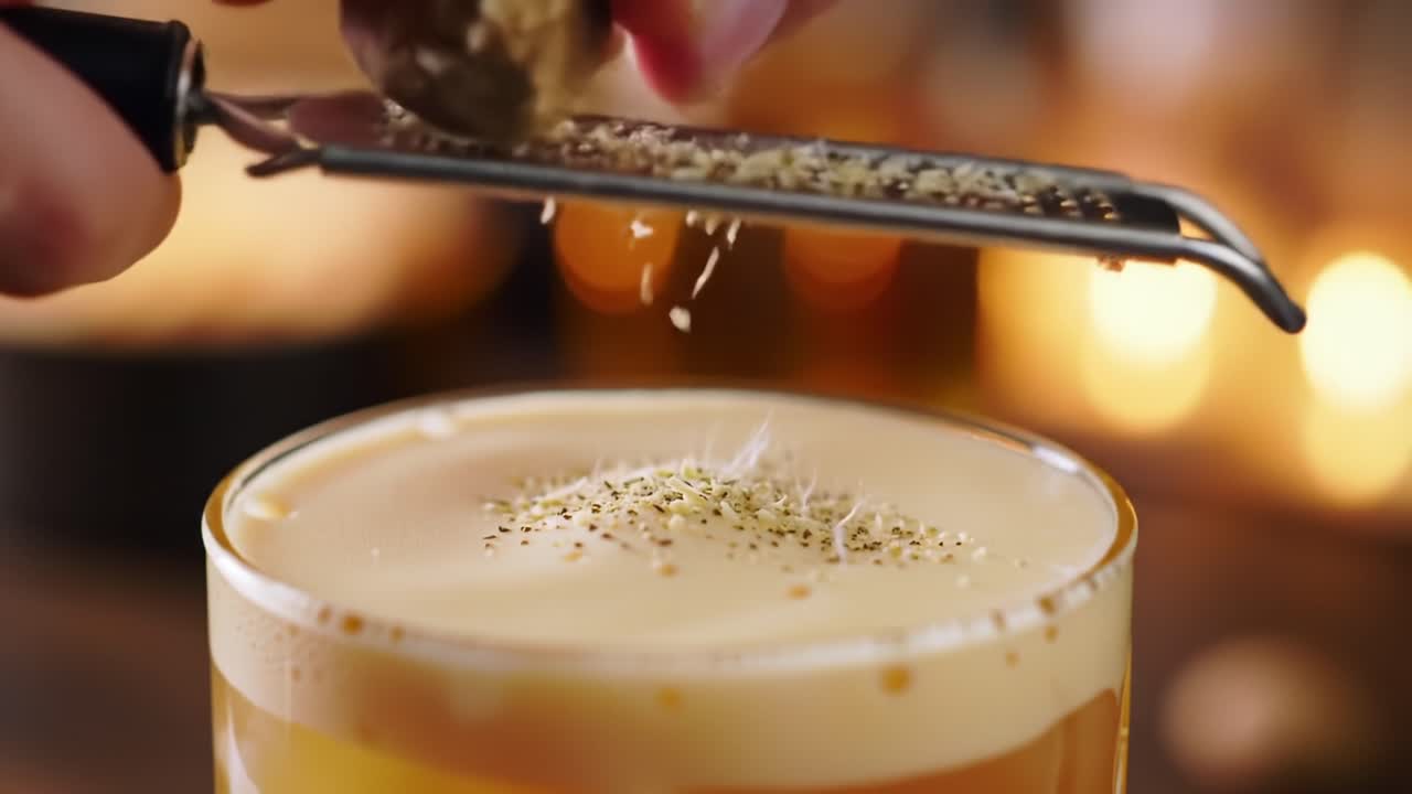 Crafting the Perfect Drink: A Close-Up of Freshly Grated Spice Being Added to a Beer Glass for a Flavorful Final Touch