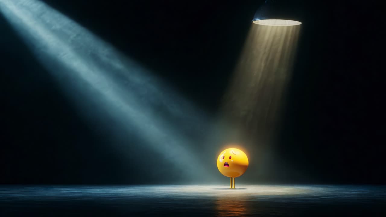 A solitary, expressive emoji stands under a spotlight in a dimly lit space, evoking feelings of loneliness and vulnerability as it conveys an emotional state amid contrasting shadows
