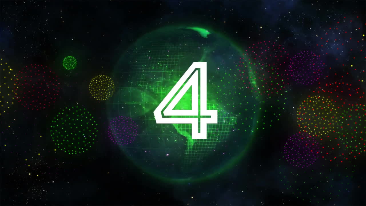 Animation of countdown to midnight and fireworks on black background