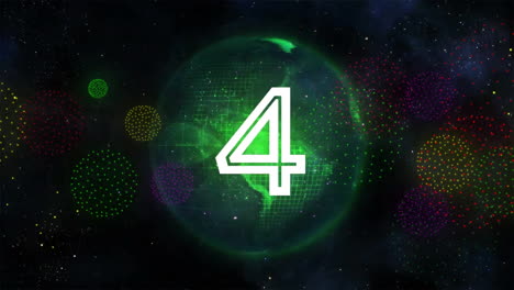 Animation of countdown to midnight and fireworks on black background