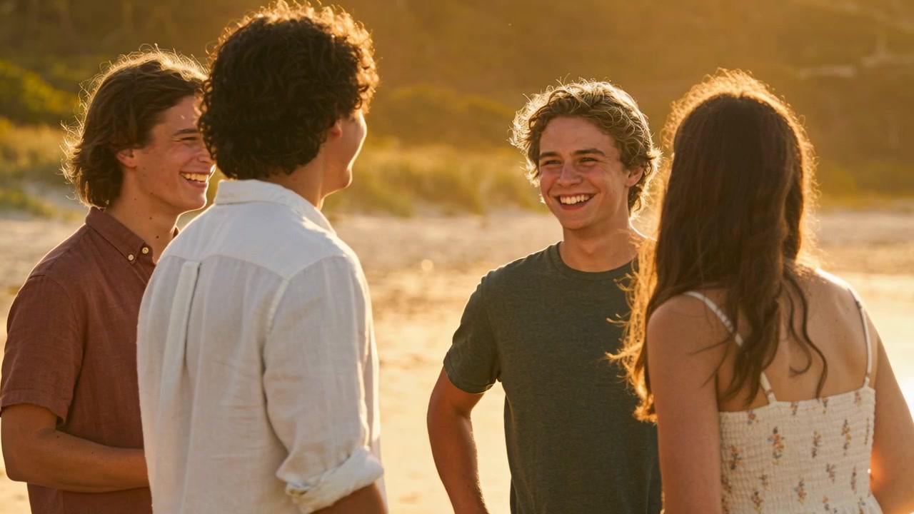 Quattro adolescenti sorridenti che si scambiano battute mentre un ragazzo in bianco inizia a scherzare su una spiaggia sabbiosa, con l'oceano in controluce.