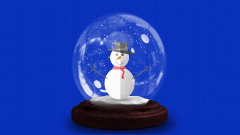 Animation-of-christmas-snow-globe-with-snowman-over-blue-background