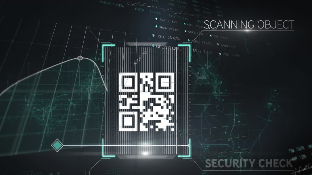 Animation of lights and qr code over financial data on digital screen