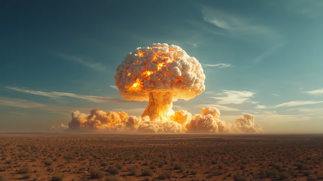 Detonation causing fireball erupting over desert plain, forming glowing mushroom cloud above shrubs