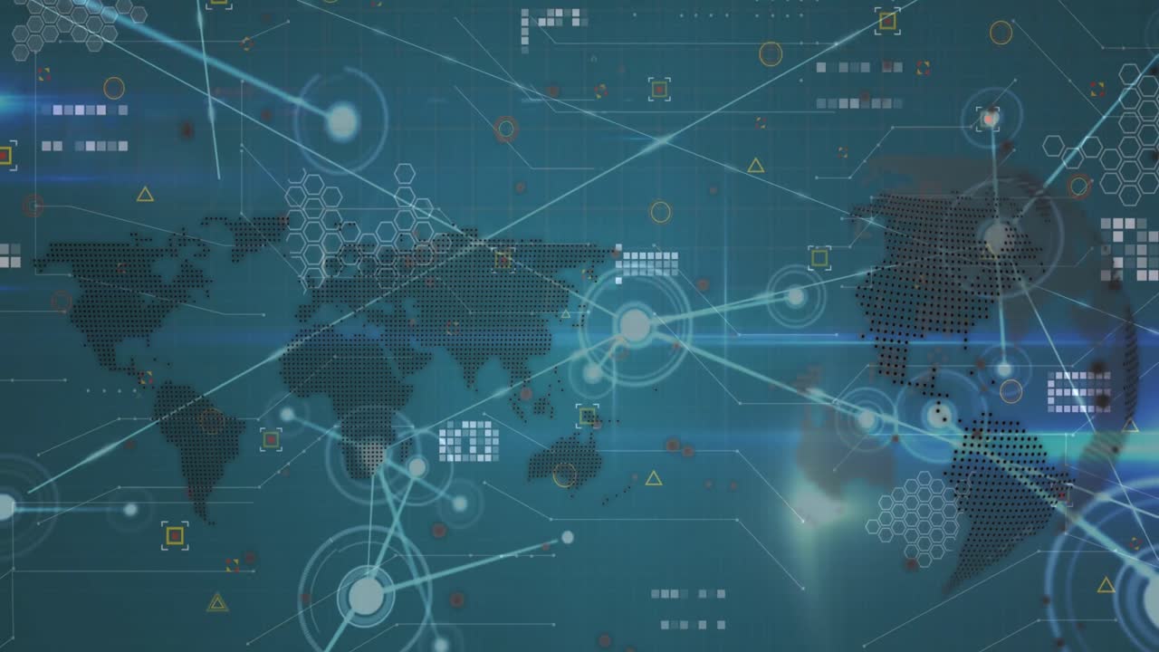 파란색 배경에 대한 세계 지도와 회전하는 지구에 대한 연결 네트워크의 애니메이션