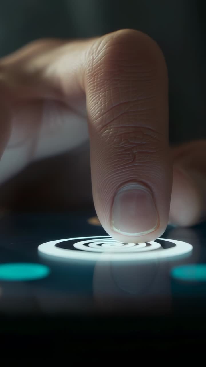 Vertical video: Approaching fingertip pressing concentric rings on screen at dim desk, adjusting UI
