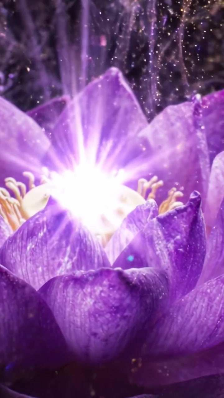 Uno Splendido Primo Piano di un Maestoso Fiore Viola in un'Illuminazione Eterea Circondato da Particelle Scintillanti e Morbidi Effetti Bokeh