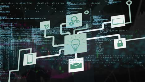 Animation-of-network-of-connections-with-icons-and-data-processing-over-grid