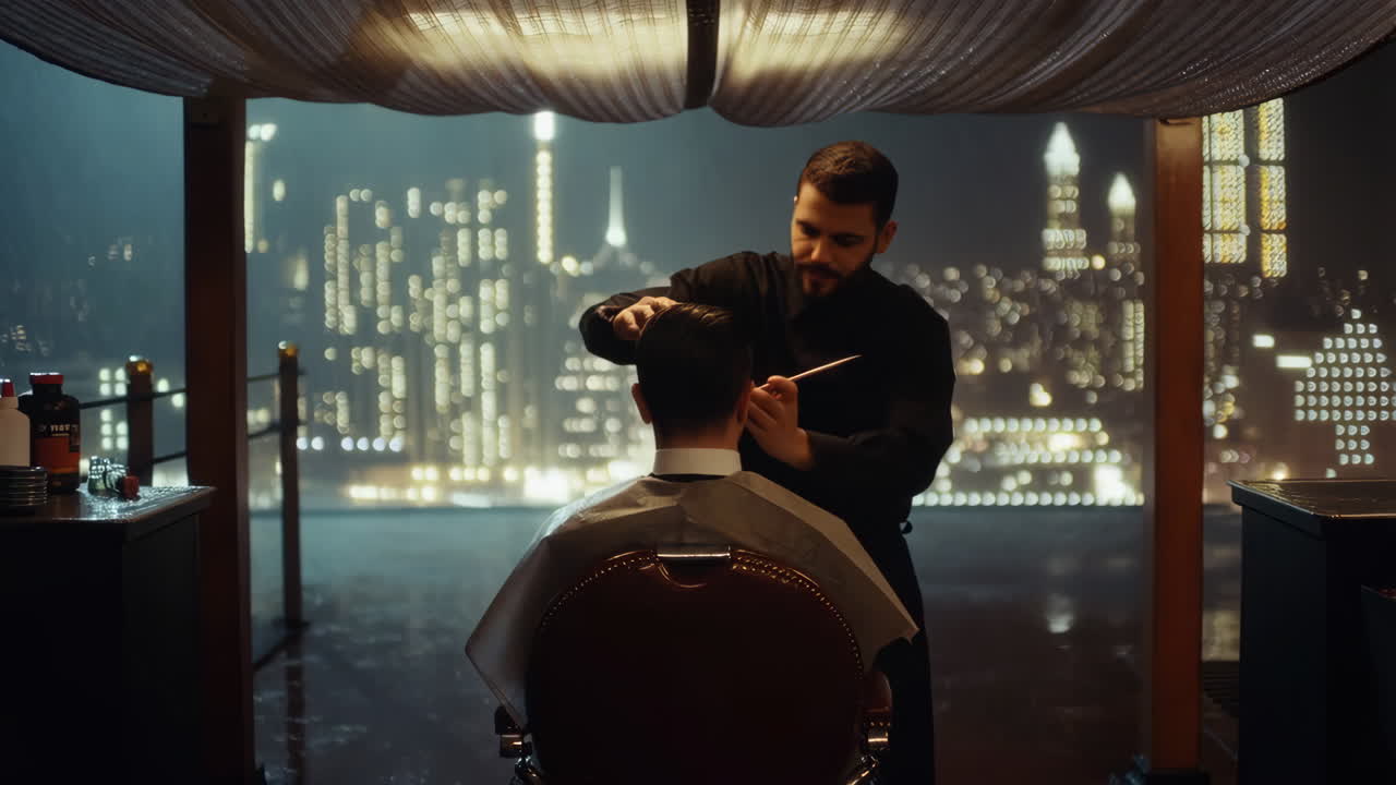 Barber cutting a man's hair in a stylish setting with a city view at night