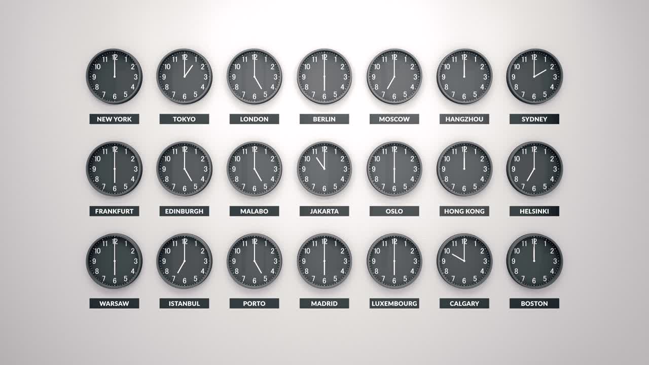 Round Clocks Show Different Time Zones On White Wall. Loopable Clock Face Timelapse