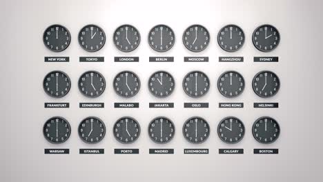 round clocks show different time zones on white wall. loopable clock face timelapse