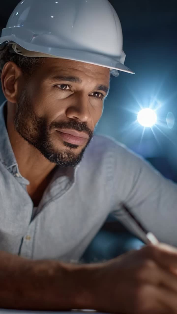 Focused engineer with a hard hat diligently working on a blueprint, illuminated by a bright light, showcasing concentration and professionalism in the workplace