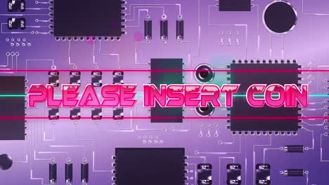 Animation-of-pink-metallic-text-please-insert-coin,-over-neon-lines,-on-pink-computer-motherboard