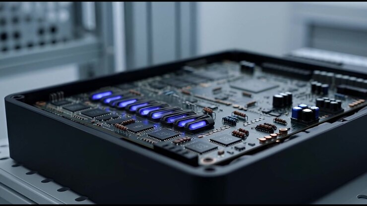 Scheda elettronica high-tech con componenti blu luminescenti.