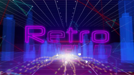 animation of neon retro text banner over light trails and digital icons against 3d city model