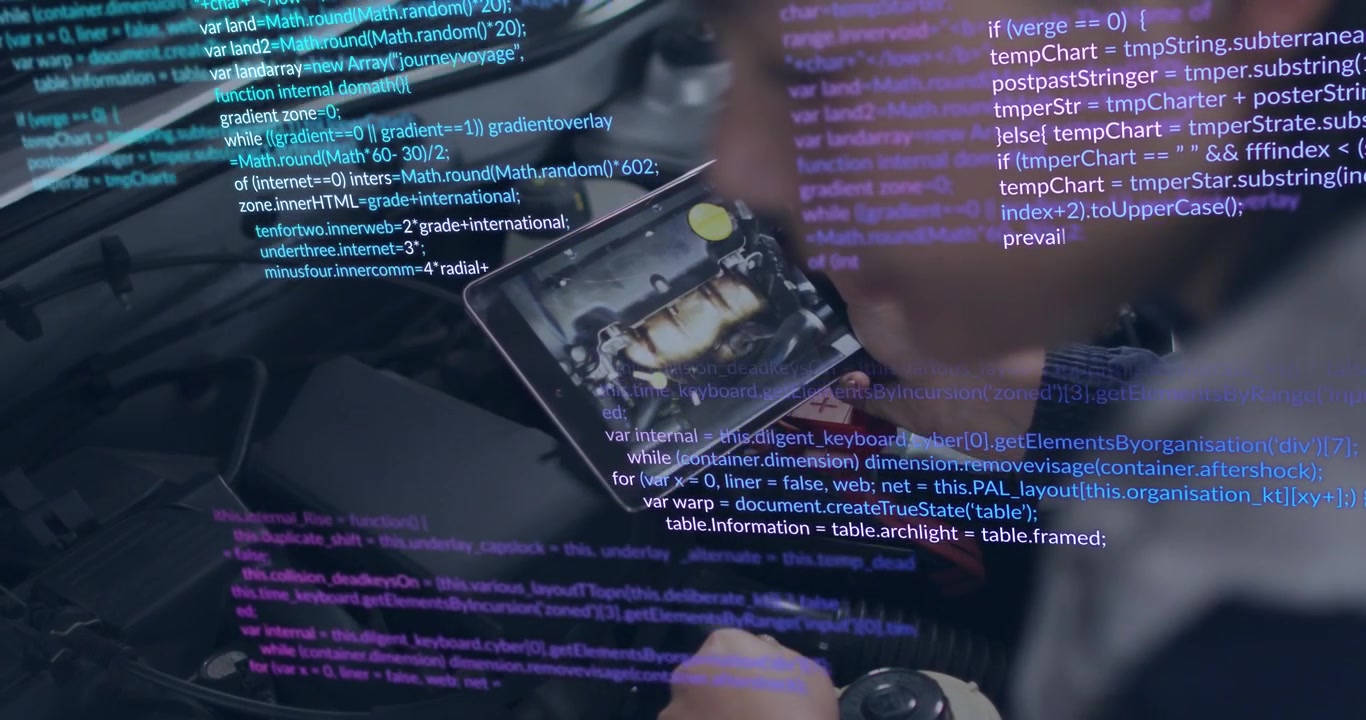 Woman mechanic inspecting engine using tablet, tapping and aligning while code overlaying tablet