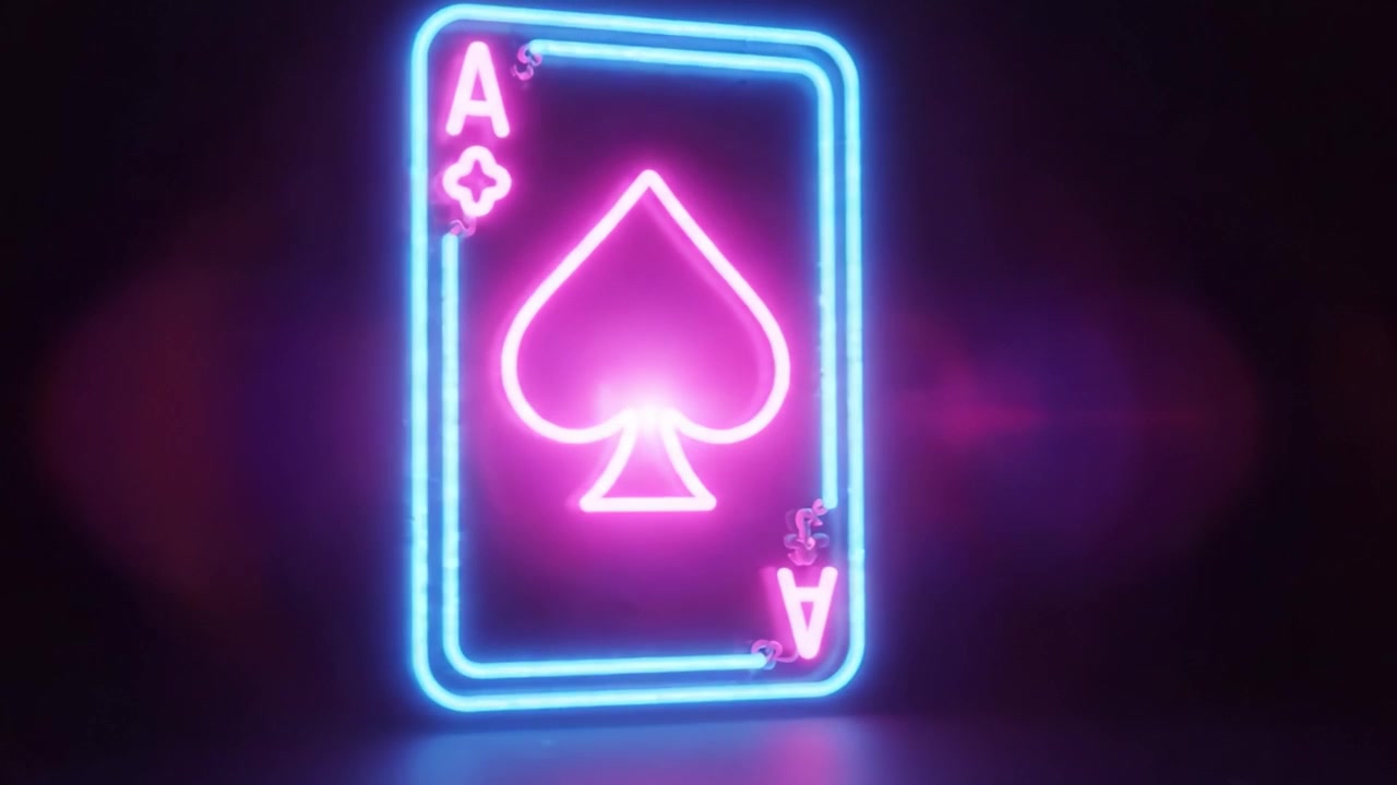 Vibrant Neon Ace of Spades Playing Card Illuminated with Bright Lights, Serving as a Symbol of Luck and Skill in Card Games Enveloped in a Dark Background