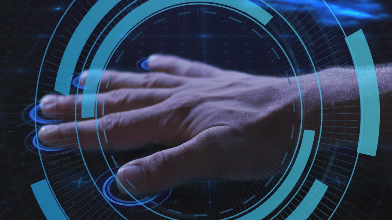 어두운 배경에서 생체인식 손 검사, 범위 및 데이터 처리의 애니메이션