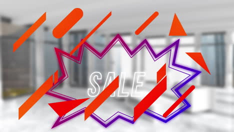 animación de texto de venta y formas sobre el interior de la casa.