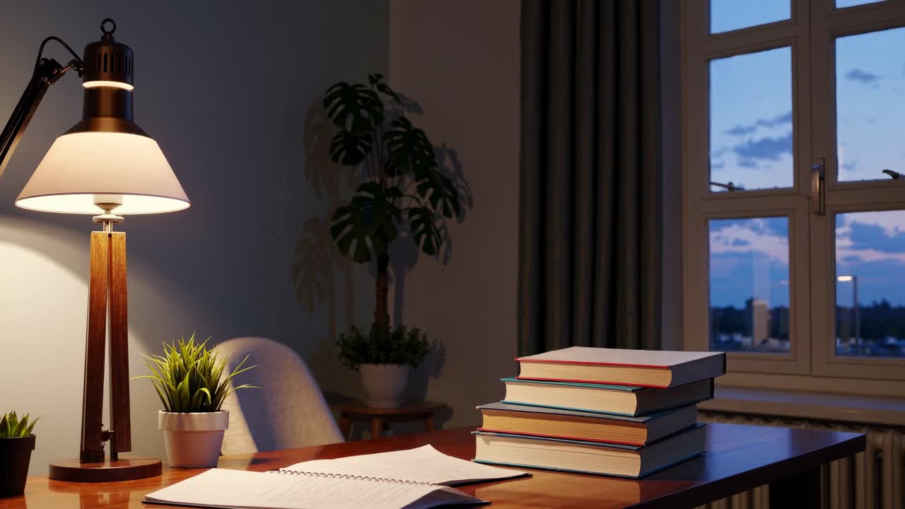 Warm Light on a Study Desk with Books and Notebook at Twilight