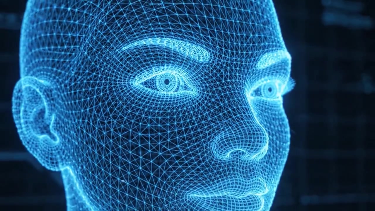 A detailed exploration of a digital humanoid representation, showcasing a wireframe model with a futuristic blue glow against a high-tech background filled with data structures.