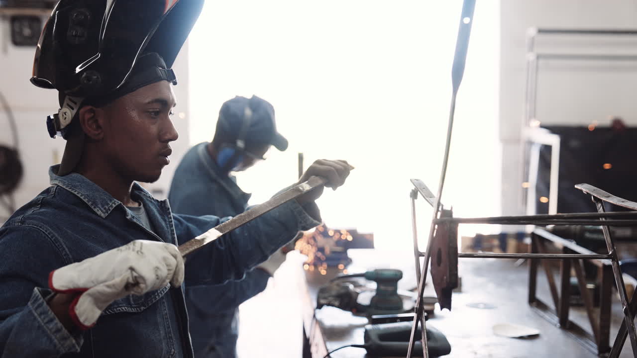 Young black males in denim jackets working with steel in open workshop medium close up slow motion