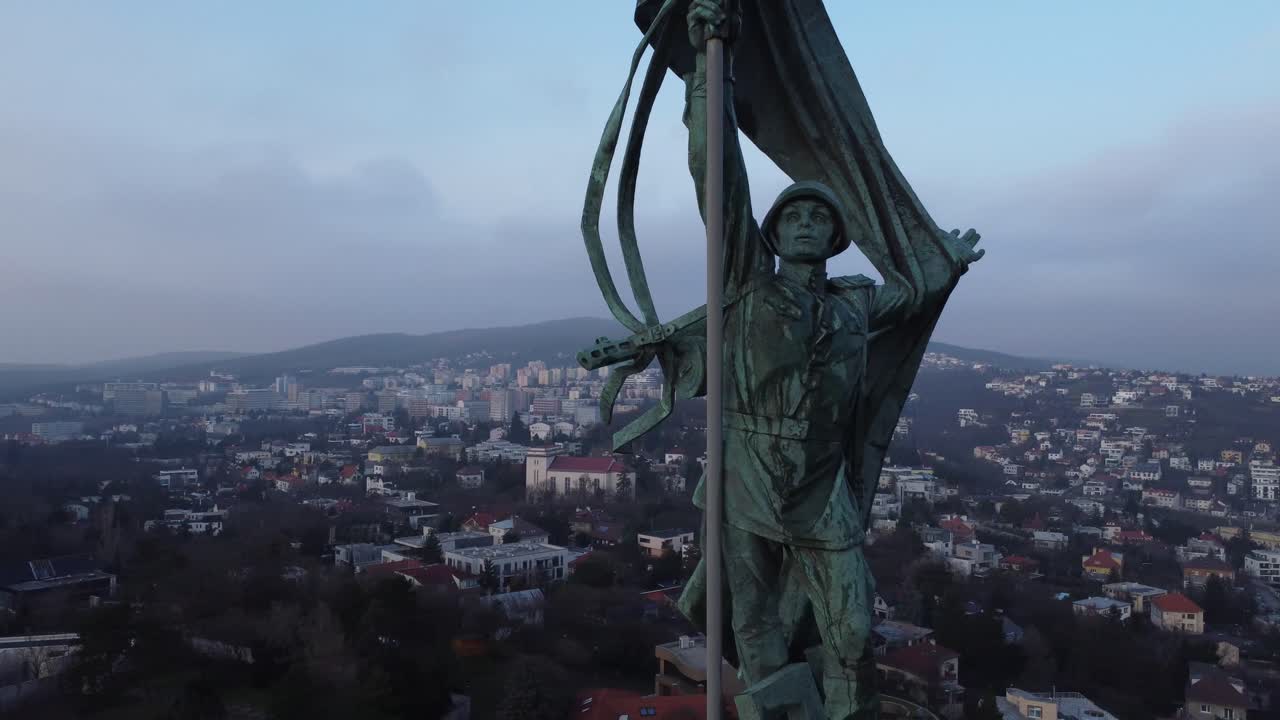 Aerial view of millitary statue in Bratislava on Slavín.