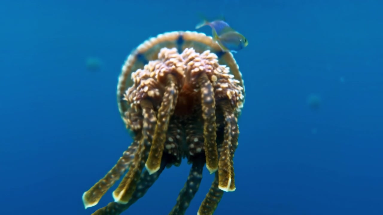 Stichlose Quallen, Mastigias papua, treiben im blauen Wasser des Sohoton Quallen-Schutzgebiets auf den Philippinen und zeigen tropische Meereslebewesen.