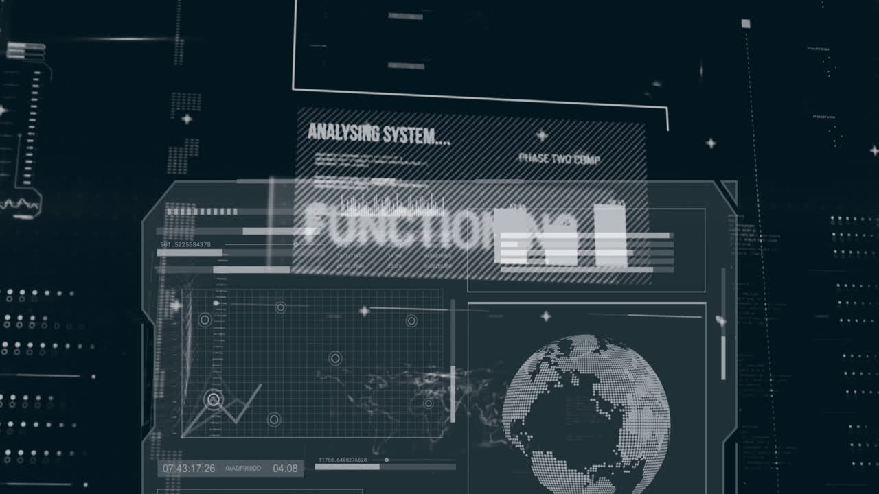 Animation of multiple graphs, globes, text, map and loading bars over black background