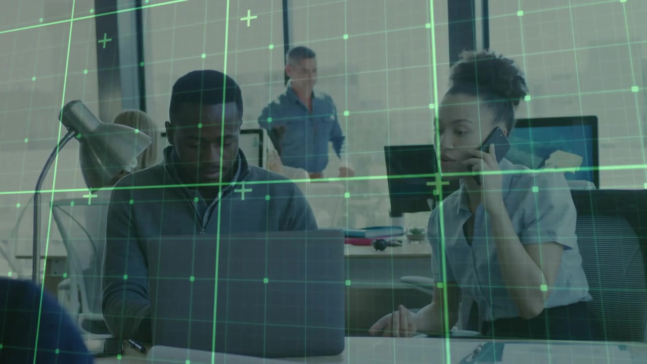 business team typing at laptop and calling, initiating call and showing grid overlay for insights