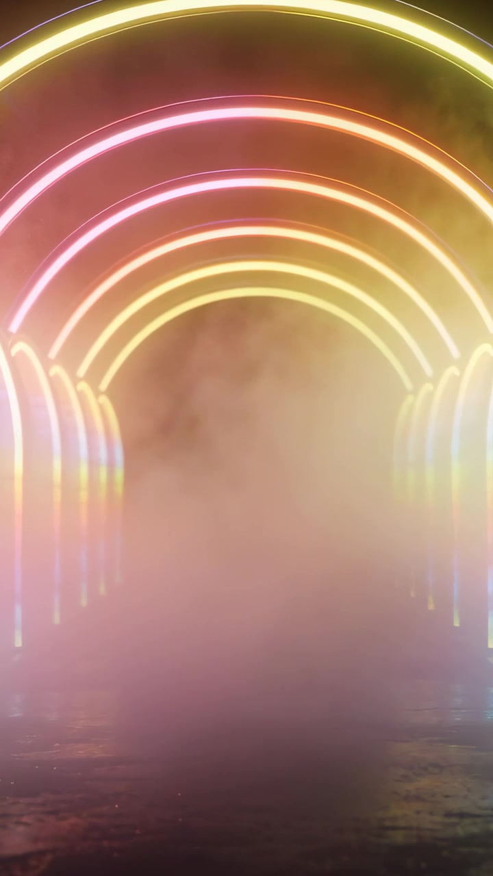 Vertical video: Mist thickening and drifting, LED arches glowing with side columns for drama