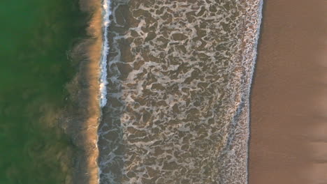 gentle waves washing onto a sandy beach with clear green water meeting the tan shoreline in a beautiful natural pattern, aerial view