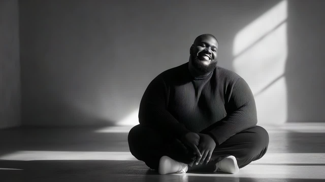 A Joyful Moment Captured in Light and Shadow: A Man Sitting Cross-Legged on the Floor, Radiating Happiness in a Minimalist Space, Surrounded by Soft Natural Light