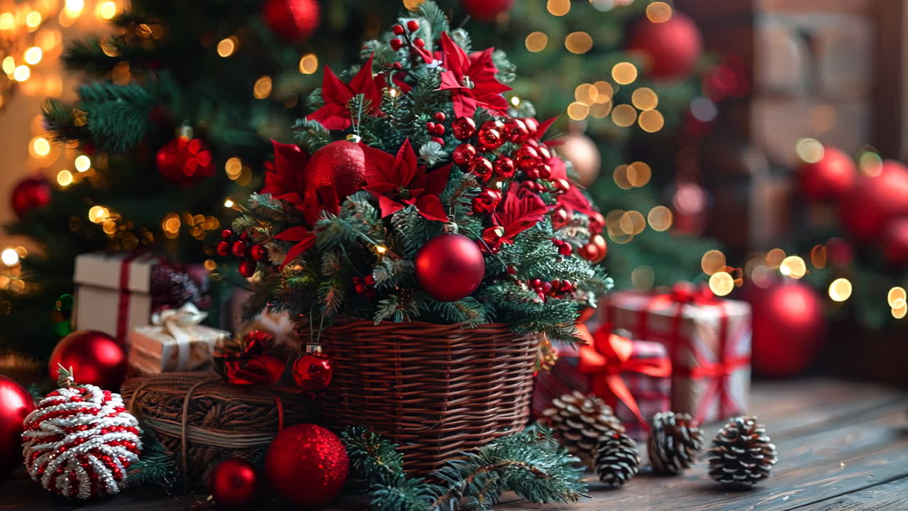 A Christmas tree with a red tree topper and a basket of red ornaments. The basket is placed on a wooden floor
