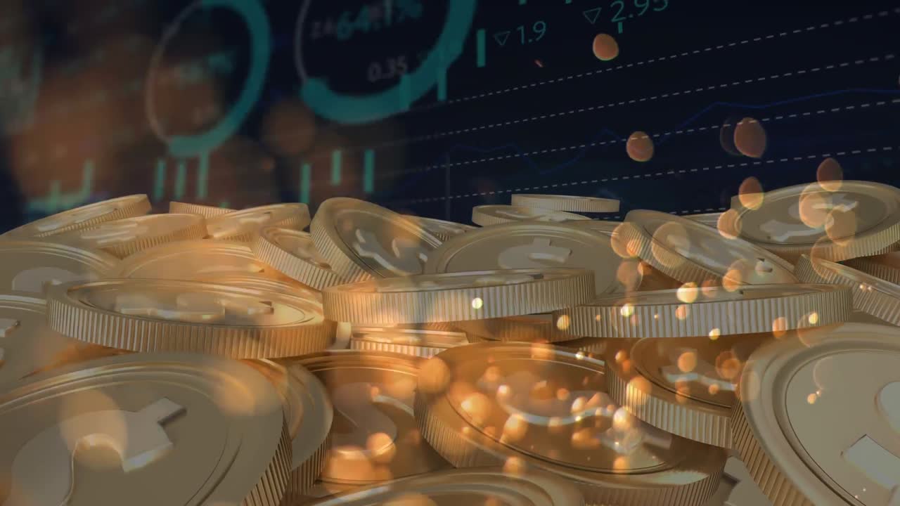 Animation of financial data processing over gold coins