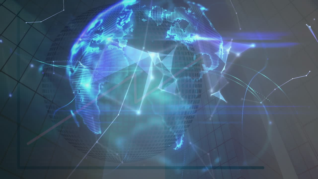 animación de formas geométricas y luces sobre un globo giratorio en espacio azul y negro