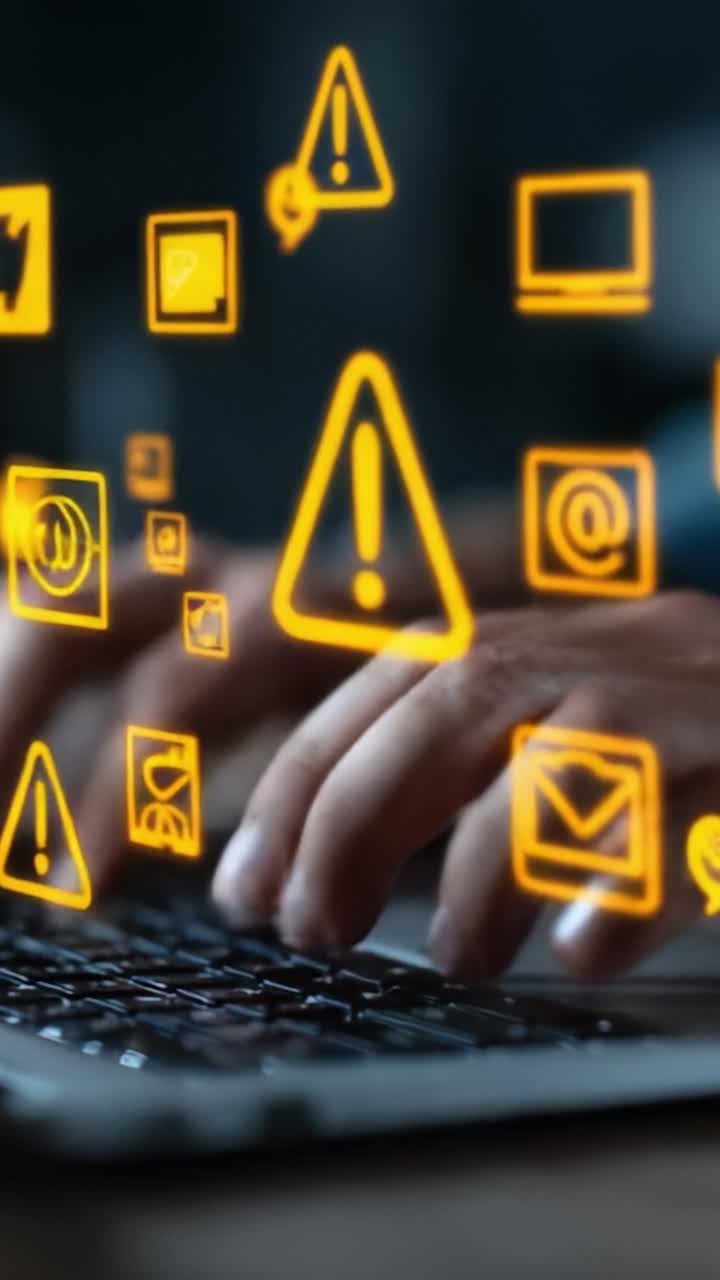A User Engaged in Cybersecurity Awareness: Understanding Threats Through Alert Icons While Typing on a Keyboard in a Digital Environment
